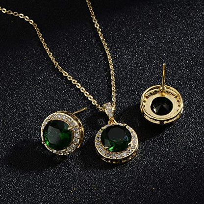 Bridal Crystal Jewelry Set - Sterling Silver Round Cubic Zirconia CZ Rhinestone Halo Birthstone Pendant Necklace Stud Earrings Set for Wedding Bride Bridesmaids Birthday Gift - color: Emerald Green