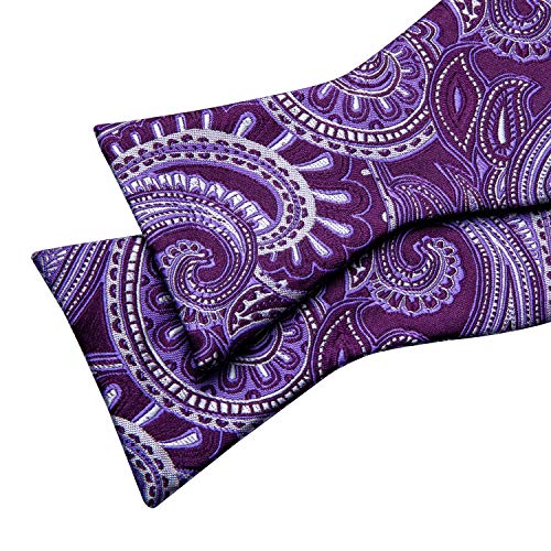 YOHOWA Bow Ties for Men Self-tied Silk Bowtie Solid Color with Lapel Pin and Handkerchief Cufflinks for Wedding Party Prom - color: Purple White