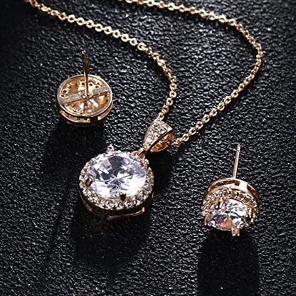 AMYJANE Halo Crystal Jewelry Set - Sterling Silver Round Cubic Zirconia Crystal Bridal Pendant Necklace Earrings Set for Wedding Bride Bridesmaids - color: Clear-Gold