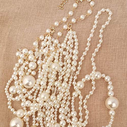 Multilayer Strand Chain Faux Pearls Flapper Beads Cluster Long Choker Necklace - color: Gold White Necklace+Pierced Earrings