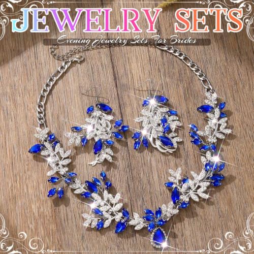 Green Rhinestone Indian Jewelry Set Gold Bridal Wedding Necklace and Earrings Sets Prom Costume Jewelry for Women and Brides - color: Silver Blue