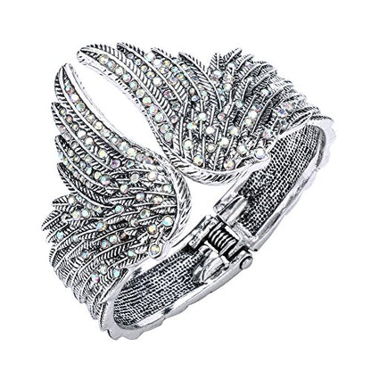 Szxc Women's Guardian Angel Wings Hinged Bangle Bracelets Fit Wrist Size 6.5 to 7.5 inch - color: silver AB