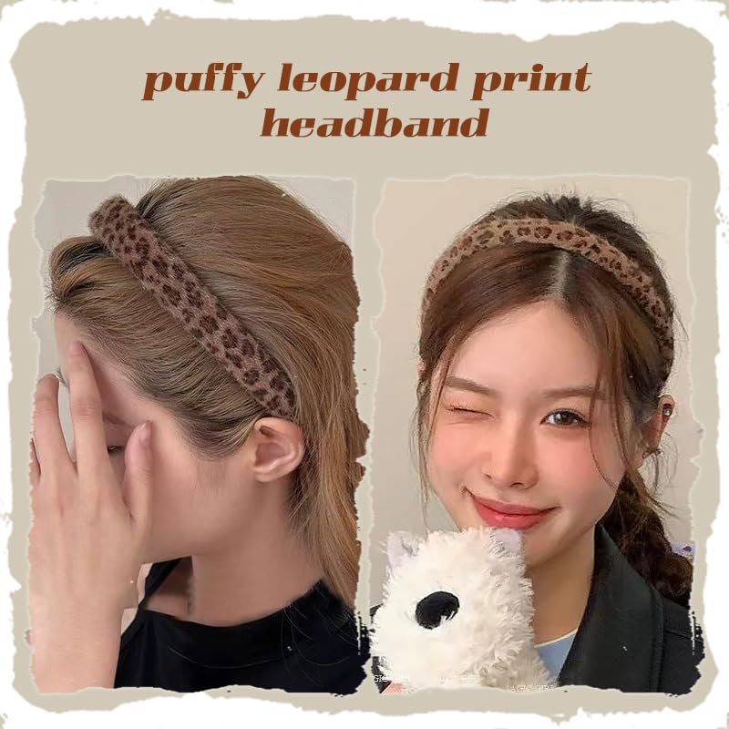 Kefley Puffy Leopard Headband Cheetah Print Headbands Hairband Thick Sponge Plush Padded Headband for Washing Face Non Slip Stylish Wild Animal Themed Leopard Hair Accessories for Women - color: Brown