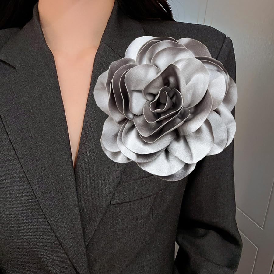 Dainty Satin Fabric Rose Flower Brooches 7.5in Extra Large Big Camellia Flower Brooches Lapel Pins for Women Wedding Party Dance Dress Clothes Accessories - color: Gray