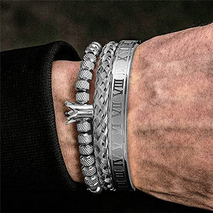 3pcs/set Classical Handmade Braiding Bracelet Hip Hop Men Pave CZ Leopard Head Roman Numeral Bracelet Stainless Steel Jewelry - color: 3pcs C Crwon Silver