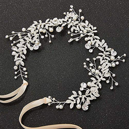 SWEETV Bridal Headpiece Silver Wedding Headband for Brides Hair Accessories | Pearl Hair Vine Rhinestone Hair Accessories for Women Bridal Headband, Wedding Hair Accessories Wedding Headbands for Brides
