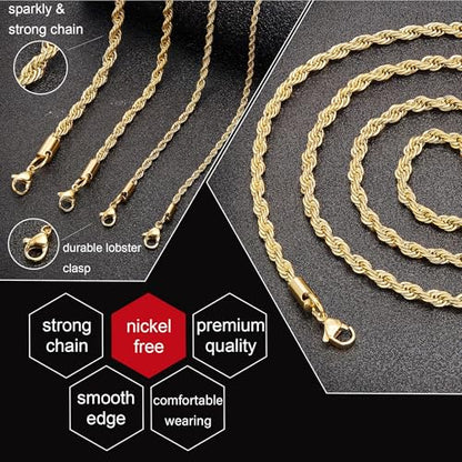 24K Gold Plated Rope Chain Stainless Steel Twist Chain Necklace Men Women - color: 24K Gold-Plated, size: 16 Inches