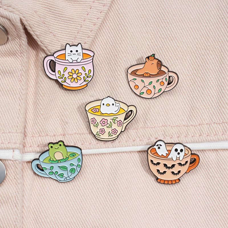 Cartoon Animal Enamel Brooch Set Cute Butterfly Duck Cat Lapel Pins for Backpacks Jacket Decoration Gifts for Friends - style: Animal Cup