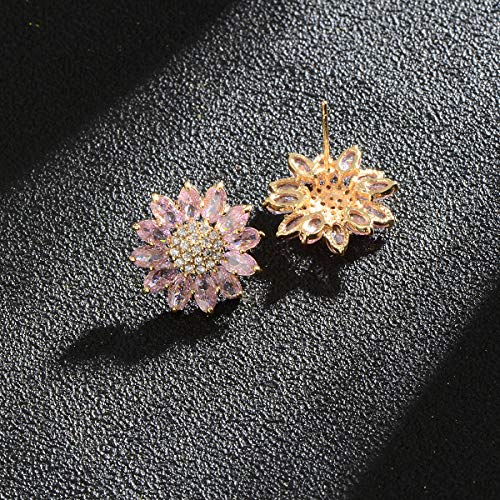 Crystal Flower Burst Stud Earirings - Big Sterling Silver CZ Cubic Zirconia Rhinestone Daisy Sunflower Floral Cluster Studs Bridal Wedding Party Prom Costume Jewelry for Bride Bridesmaids Women Birthstone Birthday Gift - color: Pink
