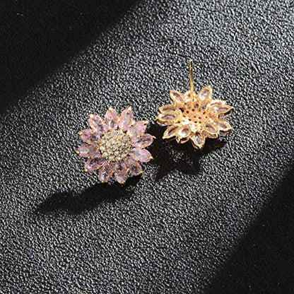 Crystal Flower Burst Stud Earirings - Big Sterling Silver CZ Cubic Zirconia Rhinestone Daisy Sunflower Floral Cluster Studs Bridal Wedding Party Prom Costume Jewelry for Bride Bridesmaids Women Birthstone Birthday Gift - color: Pink