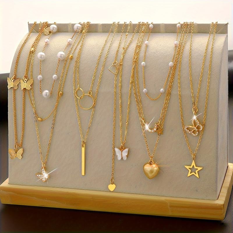 11 Pcs Gold Tone Layered Necklace Set, Dainty Pearl Chain, CZ Butterfly, Heart, Moon Star & Vertical Bar Pendant, Minimalist Trendy Jewelry for Women (Gold)