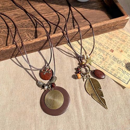 Boho Necklace for Women Long Layered Wooden Leather Leaf Pendant Statement Necklace Vintage Boho Jewelry - style: Leaf