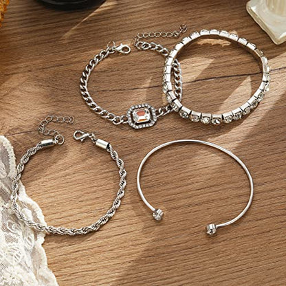 4 Pcs Dainty Gold Silver Bracelets Set for Women 14K Plated Link Cubic Zirconia Paperclip Stake Layering Chain Adjustable Trendy Hand Jewelry - color: Silver