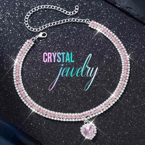 CLOACE Rhinestone Choker Necklace Heart Pendant Diamond Row Necklaces Sparkly Crystal Prom Chain Jewerly Accessories for Women - color: Pink