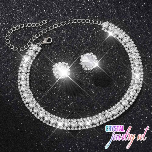 CLOACE Rhinestone Bridal Wedding Jewelry Set Sparkly Chocker Necklaces Earrings Prom Jewelry Accessories for Women - color: Silver