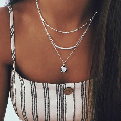 Layered Gold Necklace for Women Boho Turquoise Beaded Chain Set with Long Coin Pendant Trendy Y Necklace for Everyday Jewelry Gifts boho fashion fall fashion jewelry womens fashion - color: C-Multi layer droplet gemstone U-shaped tube pendant necklace