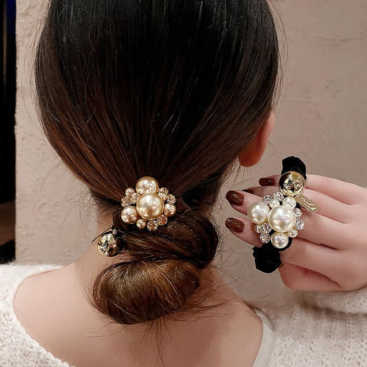 2Pcs Elegant Pearl Hair Ties French Style Classy HairBands Ponytail Holder Chic Elastic Scrunchies Hair Accessories for Women - color: Multicolored 29