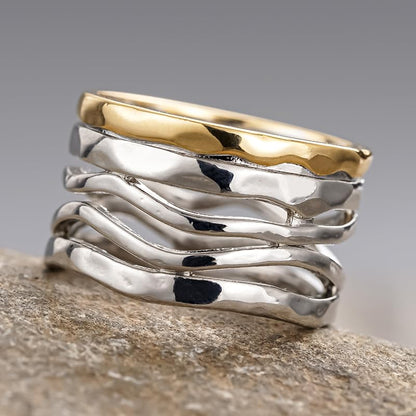 Simple Two Tone Wide Rings for Women Multilayer Wave Twisted Rings Daily Party Personality Rings Jewelry - color: silver&gold