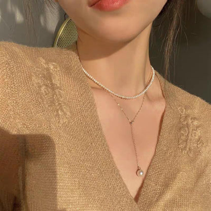 Zeffy Pearl Necklace 4MM/6MM/8MM Dainty Round Imitation Pearl Choker Necklace Wedding Pearl Necklace Delicate Jewelry for Women Simple Bridesmaid Jewelry Gifts - style: 4mm Gold Pearl Necklace & Pearl Y Necklace