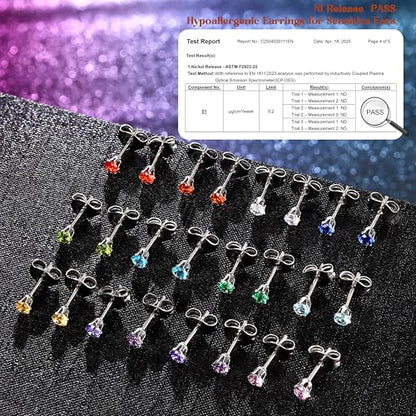 LOYALLOOK 12 Pairs Stainless Steel Cubic Zirconia Stud Earrings, Brilliant Cut Round CZ Earrings set, Birthstone Stud Earrings for Women - style: 2#: 3mm 12 pairs