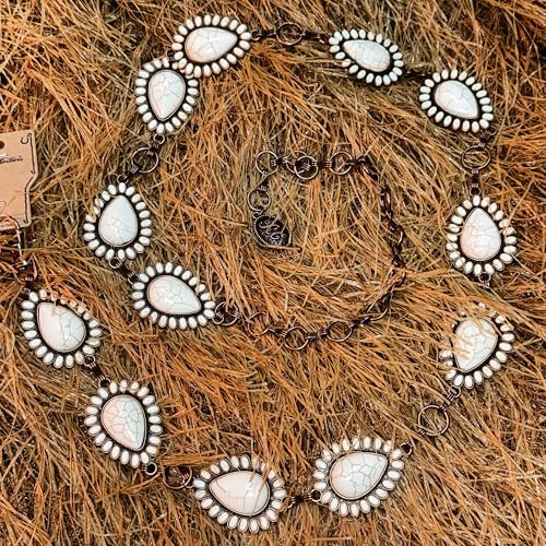 Montana West Rustic Couture's Turquoise Western Concho Chain Belt for Women | Large Western Cowgirl Metal Adjustable Boho Body Chain Belt for Dresses Jeans Country Concert - color: Buttery White