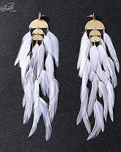 Bohemian Feather Dangle Earrings for Women with Shell Beads Long Tassel Design Drop Earrings - style: Style-White