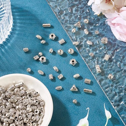 Craftdady 150pcs Antique Silver Tibetan Style Alloy Beads Rectangle Round Column Flat Round Column Leaf Oval Metal Spacer Beads Retro Craft Loose Bead 5.5-12 mm for DIY Bracelet Jewelry Making - color: Antique Silver 15 Style