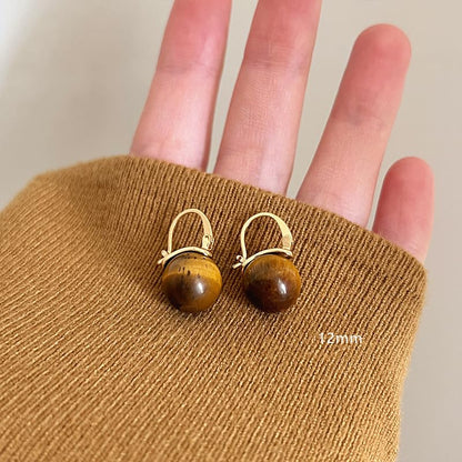 HUGE TOMATO Elegant 925 Sterling Silver Pearl Drop Earrings for Women, 14K Gold Plated Dangle Stud Earrings, Hypoallergenic Large Pearl Hoop Earring dangling 12mm - color: Tiger Eye