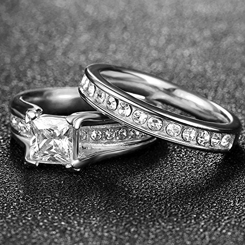 Jude Jewelers Stainless Steel Princess Cut Wedding Engagement Ring Set Anniversary Propose Eternity Bridal Halo