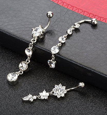 3-6PCS 14G 316L Stainless Steel Belly Button Rings for Women Navel Rings Barbell Dangle Flower CZ Body Piercing - color: A: 3 Pcs Silver-tone