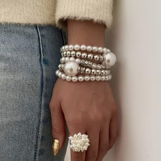 5-Piece Faux Pearl Stackable Bracelet Set, Fashion Layered Beaded Hand Jewelry with Rhinestone Accents for Women - color: Silver, size: One Size