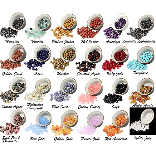6mm Natural Mixed Materials Gemstones Beads Tiny Spacer Round Loose Beads Jewelry Making KIT with Thread 960 PCS(24 Natural, 6mm) - color: 24 Natural, size: 6mm