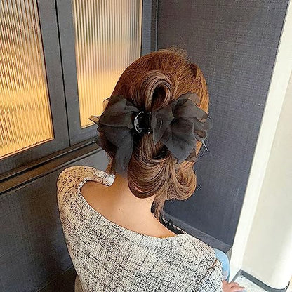 Black Mesh Tulle Bowknot Hair Claw Clips - Large Chiffon Clips for Women's Thick Hair, Elegant Hair Accessories - color: black