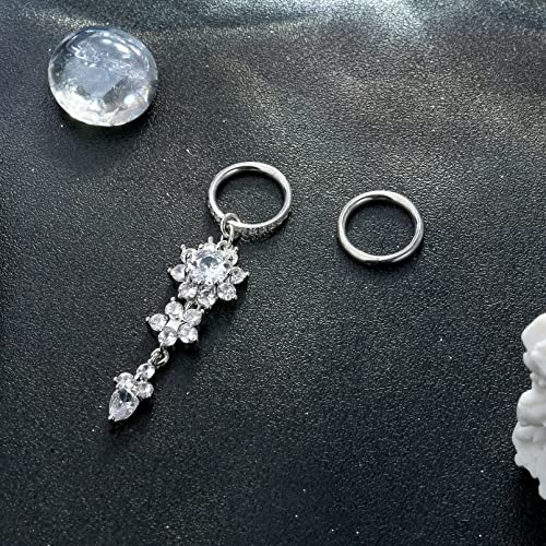 THUNARAZ 14G Hoop Belly Button Rings for Women CZ Clicker Navel Piercing | Surgical Stainless Steel Belly Navel Rings, Hoop Heart Butterfly Dangle Belly Piercing Jewelry - color: Silver Tone-Dangle