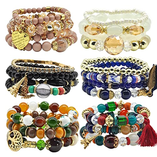 Bohemian Bracelet Sets for Women - 6 Sets Stackable Stretch Bracelets Multi-color Boho Jewelry for Women Hippie Bracelets Dainty Jewelry - color: Bead bracelet set for women