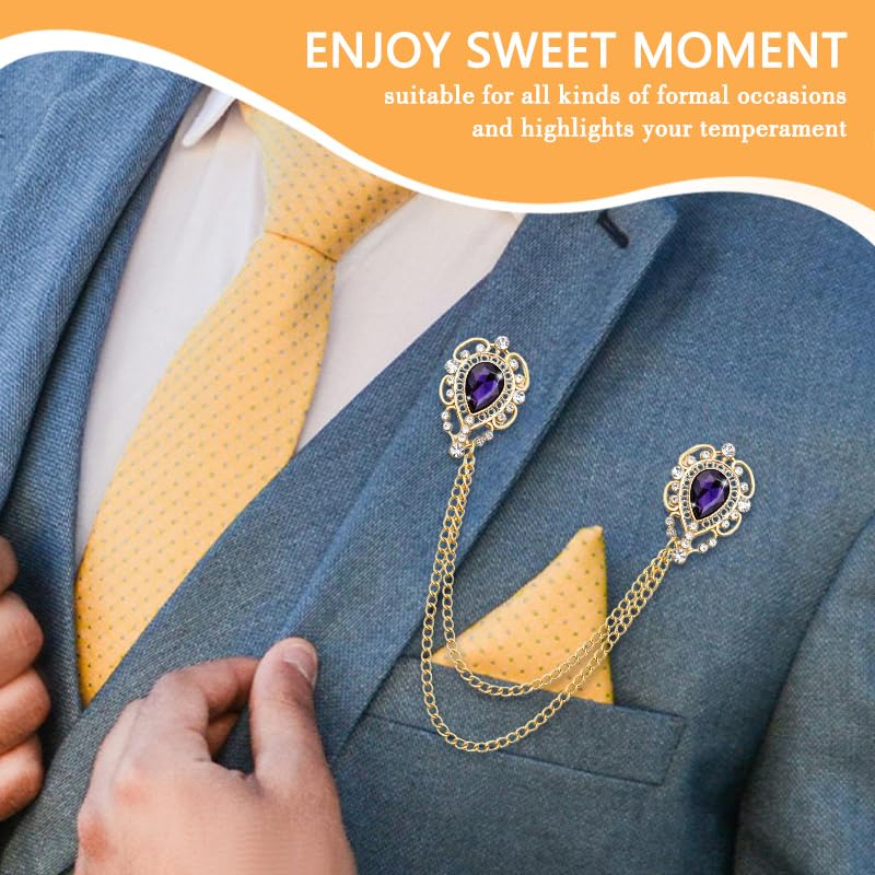 Teardrop Rhinestone Brooch Mens Lapel Pins for Shirt Collar Hanging Chain Brooch Suit Pin Crystal Rhinestone Lapel Pins for Men - color: Purple