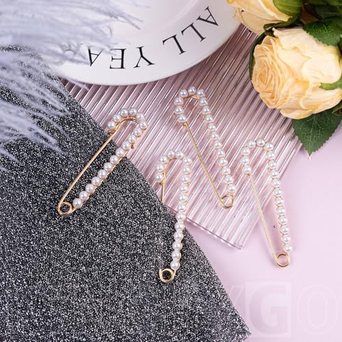 10 Pack Faux Pearl Safety Pins Sweater Shawl Clip Brooches for Sewing Clothes (Gold)