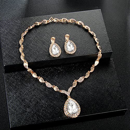 Womens Luxury Africa Dubai 18k Gold Plated Jewelry Sets Wedding Rhinestone Crystal Bib Statement Necklace Earrings Set for Brides Party Prom - color: White