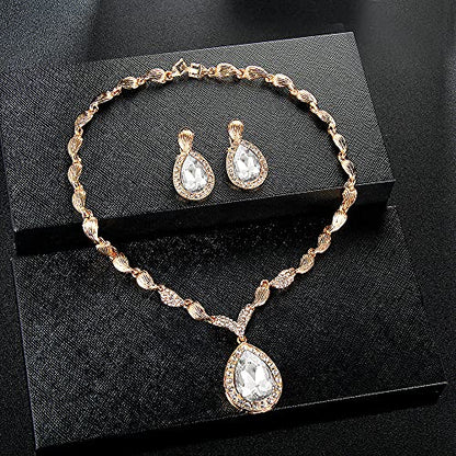 Womens Luxury Africa Dubai 18k Gold Plated Jewelry Sets Wedding Rhinestone Crystal Bib Statement Necklace Earrings Set for Brides Party Prom - color: White