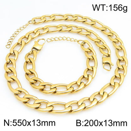 Kemstone Stainless Steel Figaro Cuban Bracelet Necklace Set for Men Women Jewelry - color: Gold 11