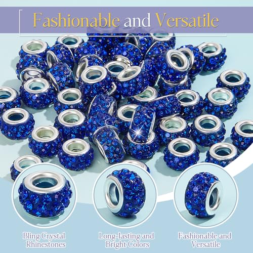 Junkin 120 Pcs Large Hole Beads 11 mm European Crystal Charm Spacer Rhinestone Colorful European Beads for Pens Making Bulk Beadable Pens Jewelry Making Supplies DIY Crafts Bracelet(Dark Blue) - color: Dark Blue