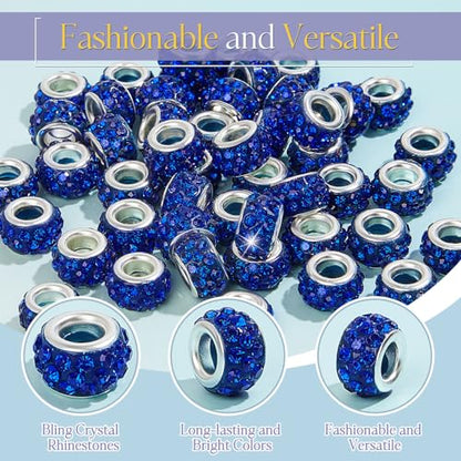 Junkin 120 Pcs Large Hole Beads 11 mm European Crystal Charm Spacer Rhinestone Colorful European Beads for Pens Making Bulk Beadable Pens Jewelry Making Supplies DIY Crafts Bracelet(Dark Blue) - color: Dark Blue