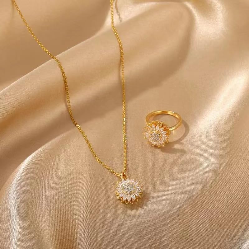 Sunflower Fidget Necklace for Women Gold Moon Necklace Rotating Heart Necklaces Spinning Crystal Flower Anxiety Necklaces Crescent Moons Jewelry Accessories - color: Set2