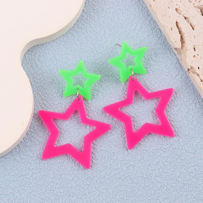 Colorful 80s 90s Neon Star Earrings for Women Retro Glow Party Costume 80s 90s Acrylic Dangle Earrings Outfit - style: Symmetrical Green and Hot Pink
