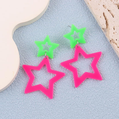 Colorful 80s 90s Neon Star Earrings for Women Retro Glow Party Costume 80s 90s Acrylic Dangle Earrings Outfit - style: Symmetrical Green and Hot Pink