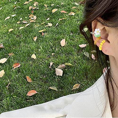 Sweet Flower Ear Cuffs Wrap Earrings for Women Acrylic Resin Colorful Bead Ball Cartilage Earring Fake Huggie Hoops Non Piercing Clip On Lovely Summer Ear Jewelry Gifts 3 PCS Set