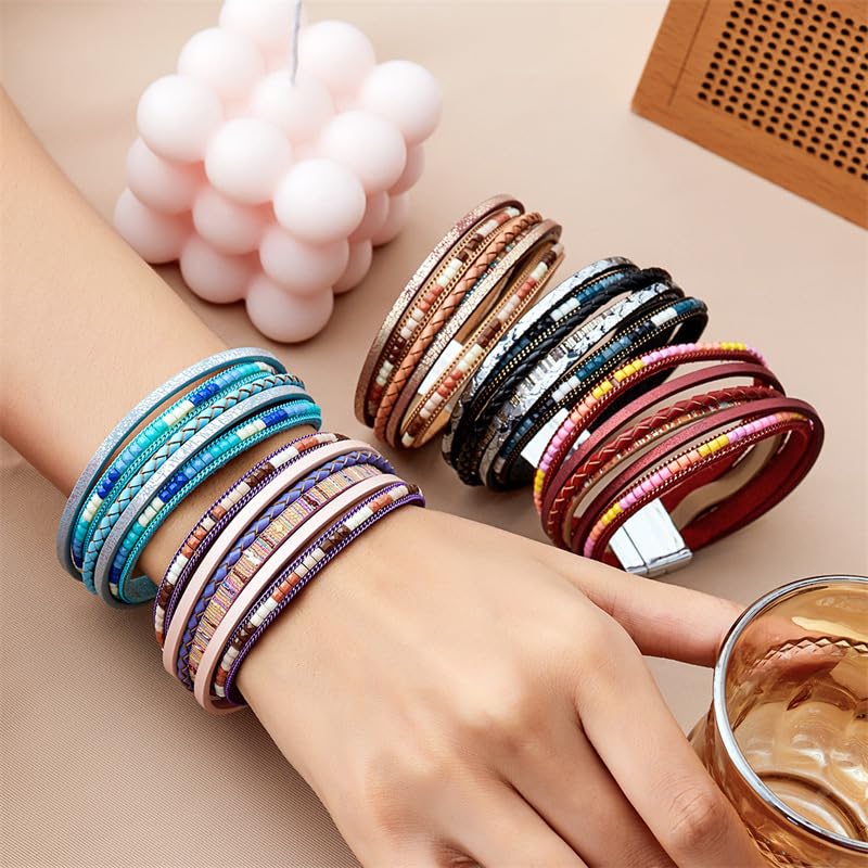 Women's Multi Layer Leather Wrap Bracelet String Bracelets for Women, Boho Braid Multi-Layer Crystal Beads Cuff Women Bracelet Jewelry - color: Red