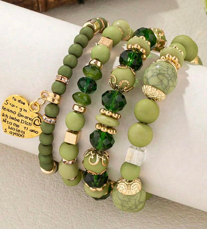 Women Beaded Bracelet Set | Colorful Boho Stackable Trendy Design with Crystal Accents Multilayer Bangle Bracelet | Fashion Stretch Braclets Jewelry for Women - color: Green-Mix
