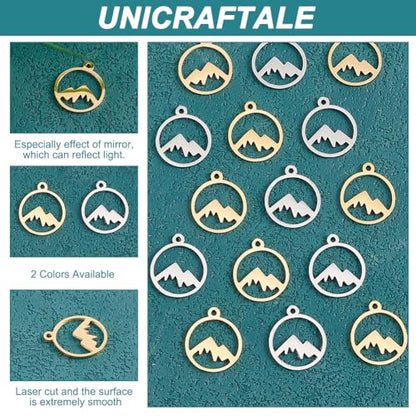 UNICRAFTALE Mountain Charms Flat Round with Mountain Dangle Pendants Stainless Steel Pendants Hypoallergenic Hollow Charms for Outdoor Lovers Hikers Skiers Climbers - style: Round Mountain