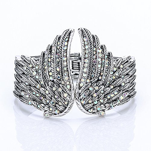 Szxc Women's Guardian Angel Wings Hinged Bangle Bracelets Fit Wrist Size 6.5 to 7.5 inch - color: silver AB